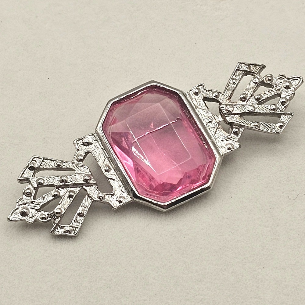 Vtg Art‎ Deco Style Pink Glass Bar Brooch Statement Geometric Silver Tone 3" Pin